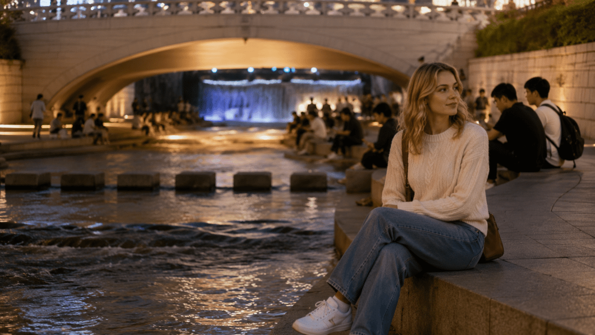 Woman sits beside Cheonggyecheon Seoul at night, illuminated waterfall behind her, city moving while she has slowed down.