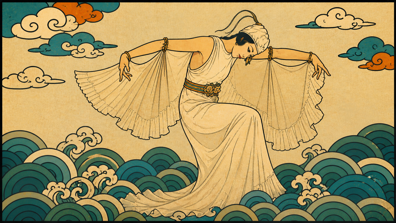 Illustration inspired by Choi Seung-hee dance, blending Korean traditional art, modern dance, and vintage Korean culture motifs.