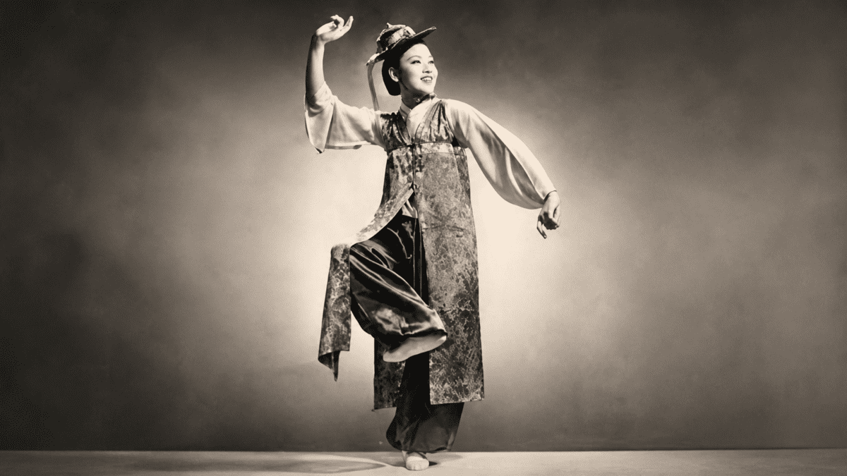 Choi Seung-hee legacy captured in a vintage dance portrait blending Korean tradition, modern movement, and global artistry.