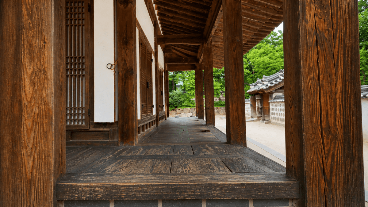 Traditional Korean hanok corridor reflecting the atmosphere surrounding Choi Seung-hee legacy and postwar Korean society.