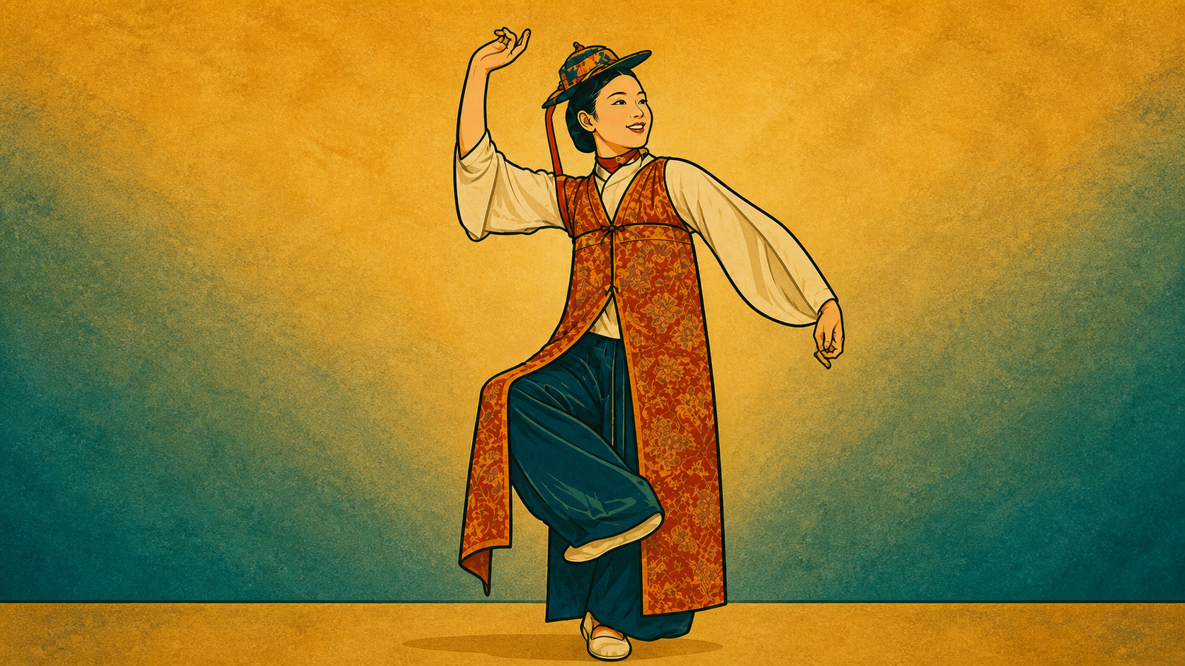 Illustration representing Choi Seung-hee legacy through Korean traditional dance, modern artistry, and cultural identity.
