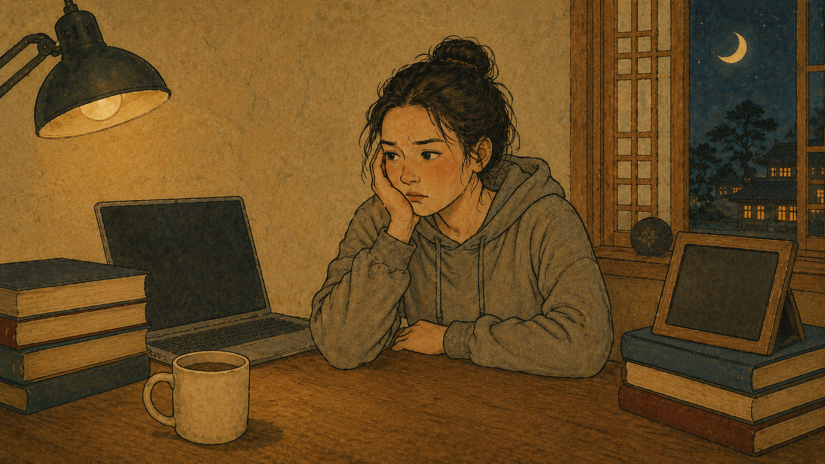 Woman choosing a major under pressure at an 11:59 PM deadline, surrounded by parental expectations and career choices, illustrated in a warm traditional Korean minhwa style.