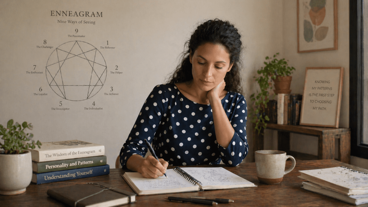 A woman studying with Enneagram diagram visible, representing complete self-understanding—illustrating how knowing your patterns and personality type through Enneagram forms the foundation for understanding yourself fully.
