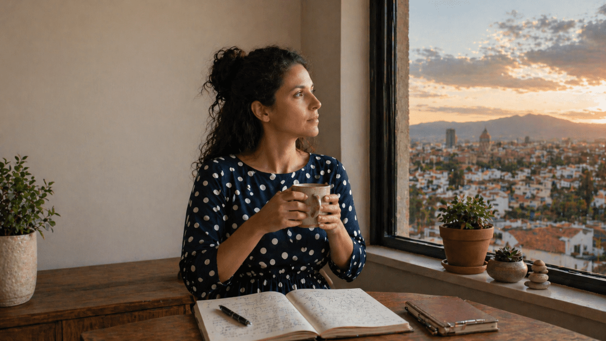 A woman looking at her surrounding city while studying, representing complete self-understanding—illustrating how K-Saju shows you where you are and the conditions available to you in your current season.