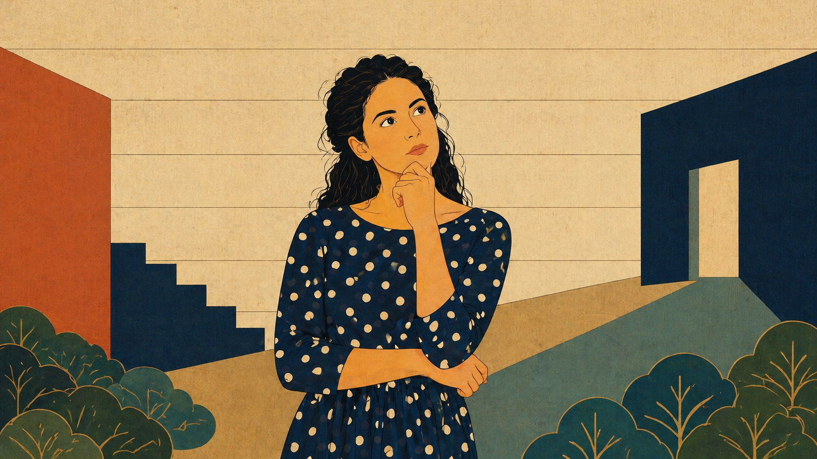A woman standing in a dimensional space representing complete self-understanding—illustrating how seeing both who you are and where you are together creates a fuller, integrated picture of yourself and your circumstances.