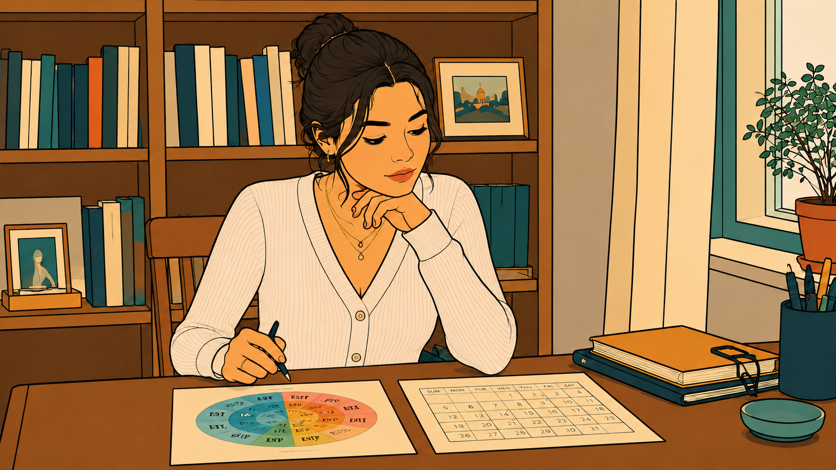 A flat-style illustration of a woman comparing a personality chart and a calendar, the beginning of complete self-understanding.
