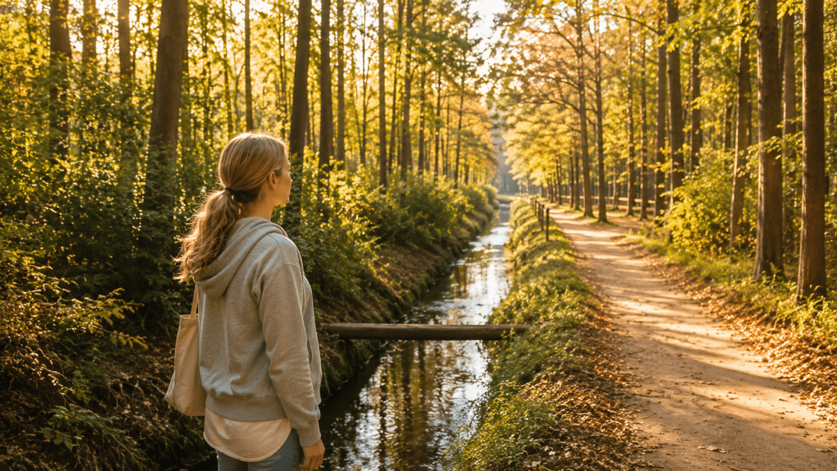 conversation replay — woman standing alone beside a quiet forest path and narrow stream at sunset, lost in thought while walking through a calm autumn woodland.