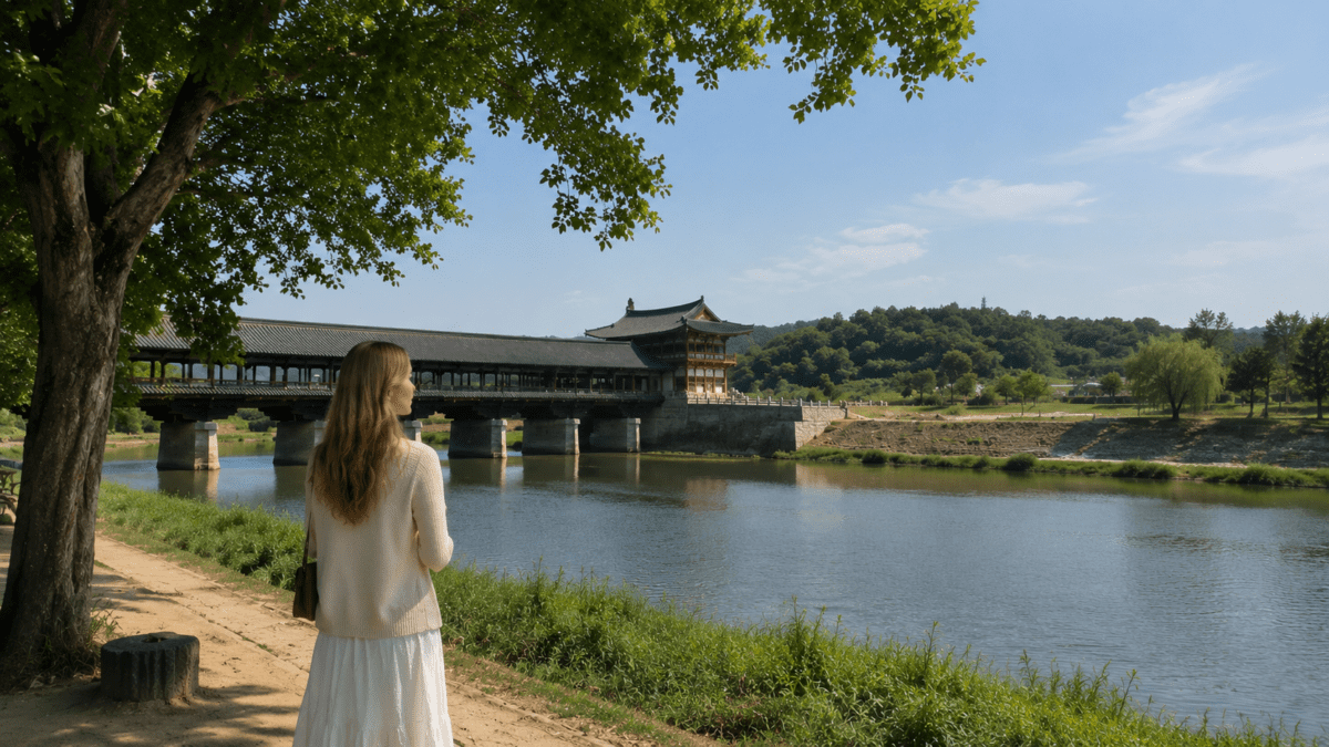 conversation replay — woman quietly looking toward a traditional Korean riverside pavilion in soft daylight, reflecting alone beside the calm water beneath large trees.