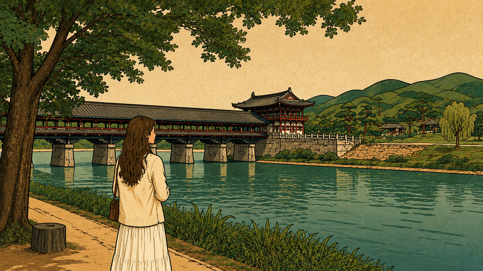 conversation replay — modern minhwa illustration of a woman looking toward Woljeonggyo Pavilion in Gyeongju.