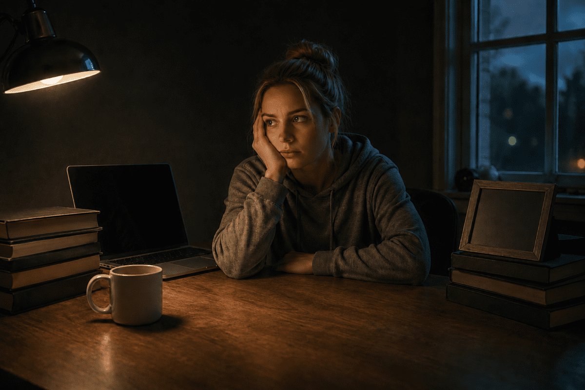 Woman choosing a major under pressure at 11:59 PM deadline, surrounded by parental expectations and career choices