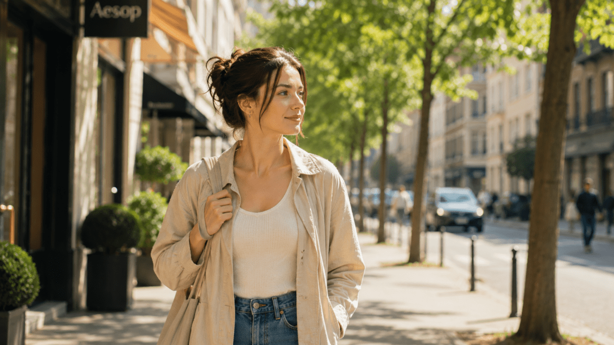 Woman walks alone on a city street, reading both the design and the timing as she moves forward.