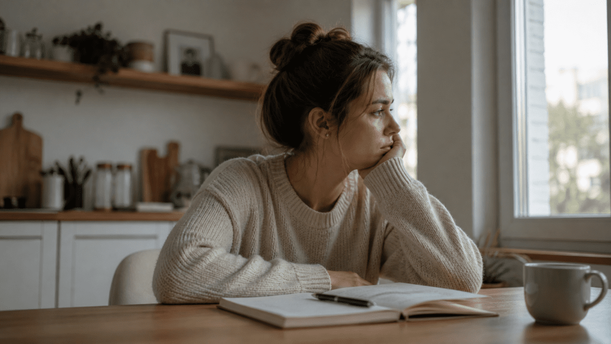 A woman sitting at a table with a notebook, staring out the window with a confused and conflicted expression, representing the disorganized attachment style's internal struggle and inability to resolve contradictory impulses about relationships and closeness.