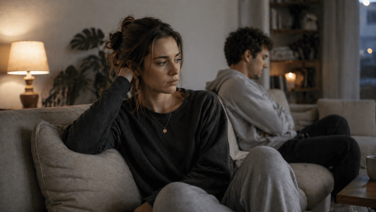 A couple sitting together on a couch but emotionally distant and disconnected, with the woman looking forward with sadness and the man turned away, representing the disorganized attachment style's painful oscillation between closeness and distance in relationships.