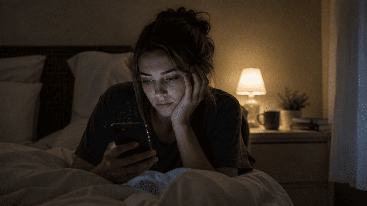 A woman in bed at night holding her phone with a conflicted, uncertain expression, representing the disorganized attachment style's oscillation between seeking connection and withdrawing in fear, unable to resolve the contradiction between needing closeness and fearing it.
