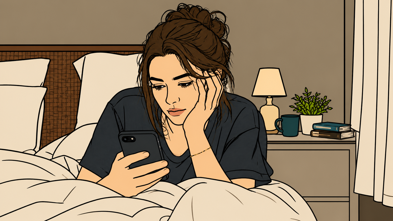 A woman in bed at night holding her phone with a troubled, contemplative expression, illustrated in a warm traditional style, representing the disorganized attachment style's constant internal conflict between desire for connection and fear of it.