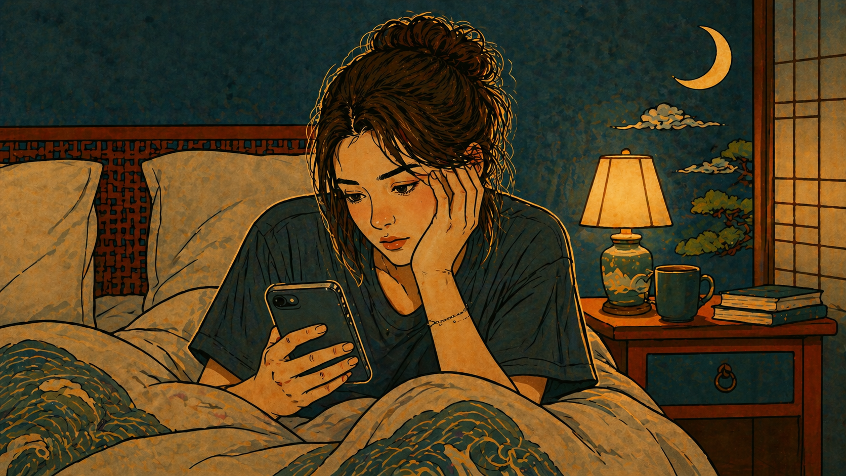 A woman in bed at night holding her phone with a troubled, contemplative expression, illustrated in a warm traditional style, representing the disorganized attachment style's constant internal conflict between desire for connection and fear of it.