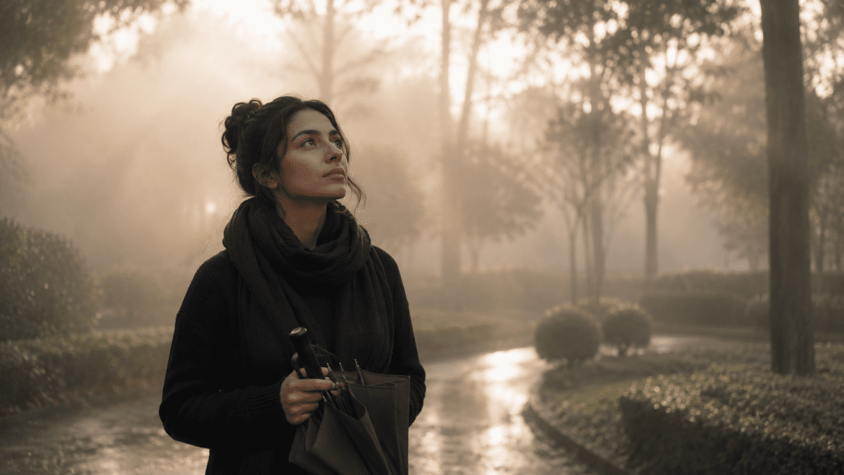 Woman standing in a misty park holding an umbrella, waiting inside the unresolved morning fog.