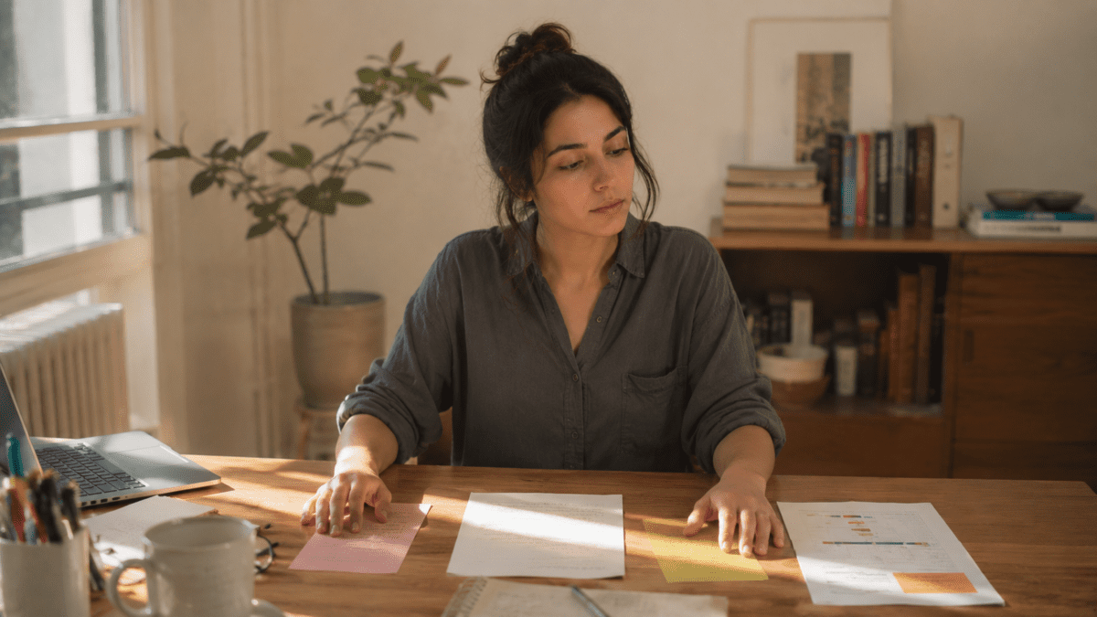 Woman reviewing scattered notes at her desk, holding several unfinished possibilities at once.