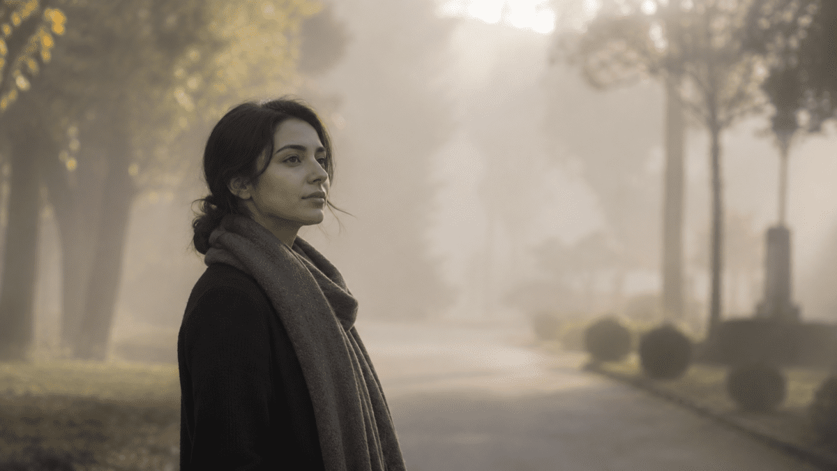 Woman pausing on a misty path in the trees, waiting for the fog to lift before moving on.