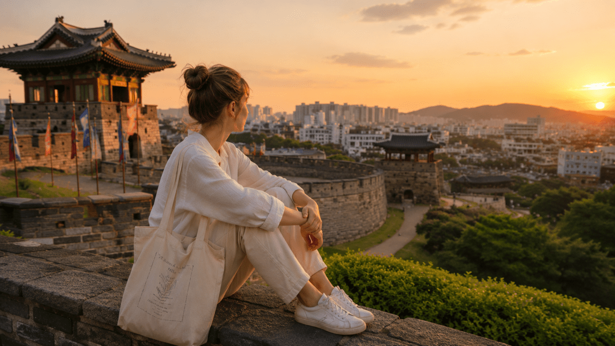 A modern minhwa-style sunset illustration about emotional caretaking, featuring a woman sitting on Suwon Hwaseong Fortress overlooking the glowing city skyline.
