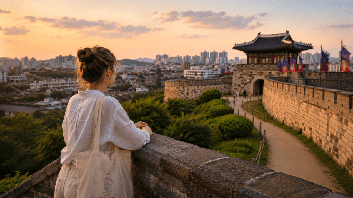 A modern minhwa-style illustration about emotional caretaking, featuring a woman standing quietly along Suwon Hwaseong Fortress at sunset, overlooking the distant city.
