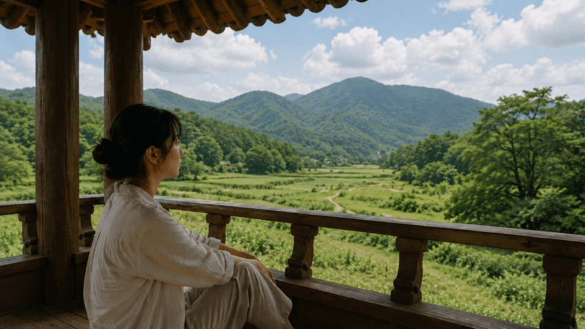A young East Asian woman sits in a traditional Korean pavilion, overlooking the quiet green mountains of Goseong.