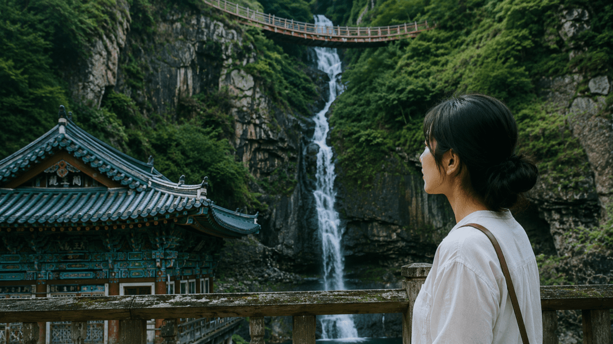 A young East Asian woman stands quietly beside a traditional Korean temple and waterfall in Goseong, surrounded by deep green cliffs and summer forest.