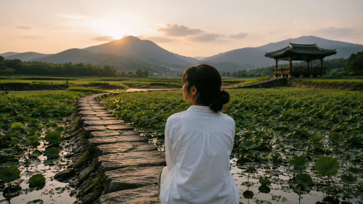 A young East Asian woman sits alone on a stone path through a lotus field at sunset, facing the quiet mountains and pavilion of rural Goseong.