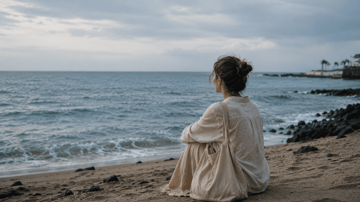 Woman sitting alone on a quiet beach under a cloudy sky, reflecting emotional monitoring and silent hyper-awareness.