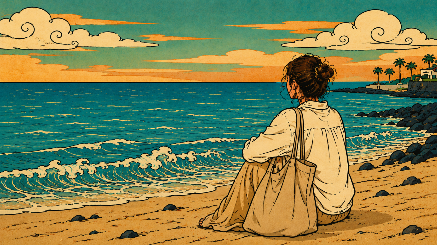Woman sitting alone by the ocean in a stylized beach illustration, reflecting emotional monitoring and quiet emotional distance.