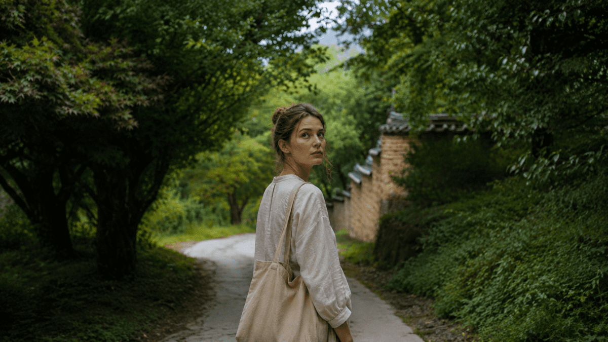 Woman walking alone through a quiet hanok forest path, reflecting emotional monitoring and constant awareness of her surroundings.