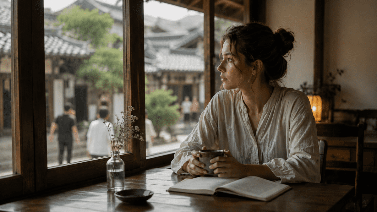 Woman sitting quietly in a hanok café, reflecting emotional monitoring while watching people through the window in silence.