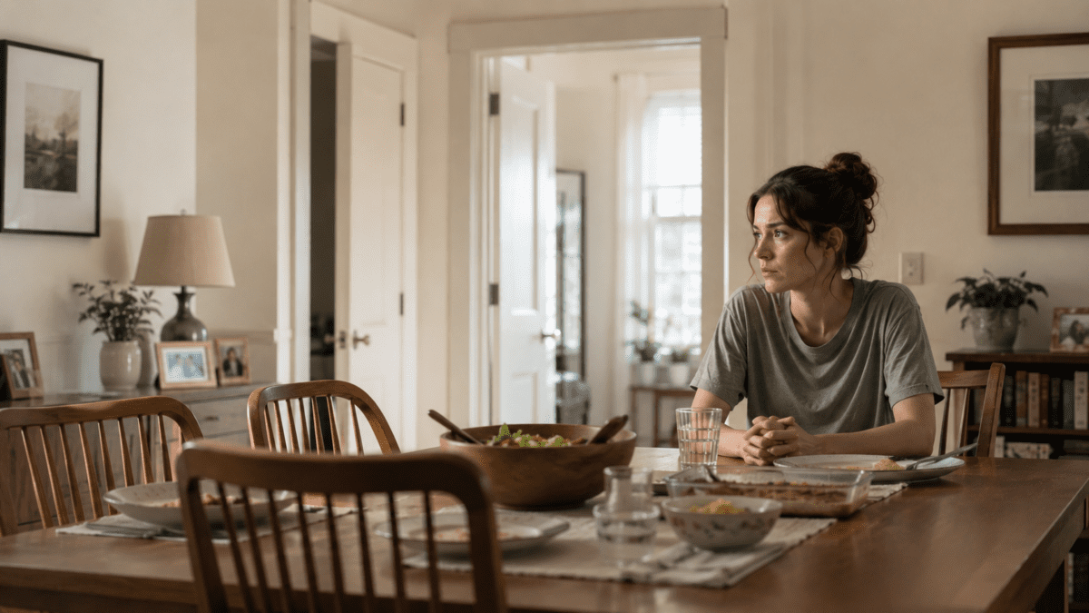 A young woman sitting alone at an unfinished family dinner table, capturing the loneliness, emotional distance, and unspoken tension of family silence.