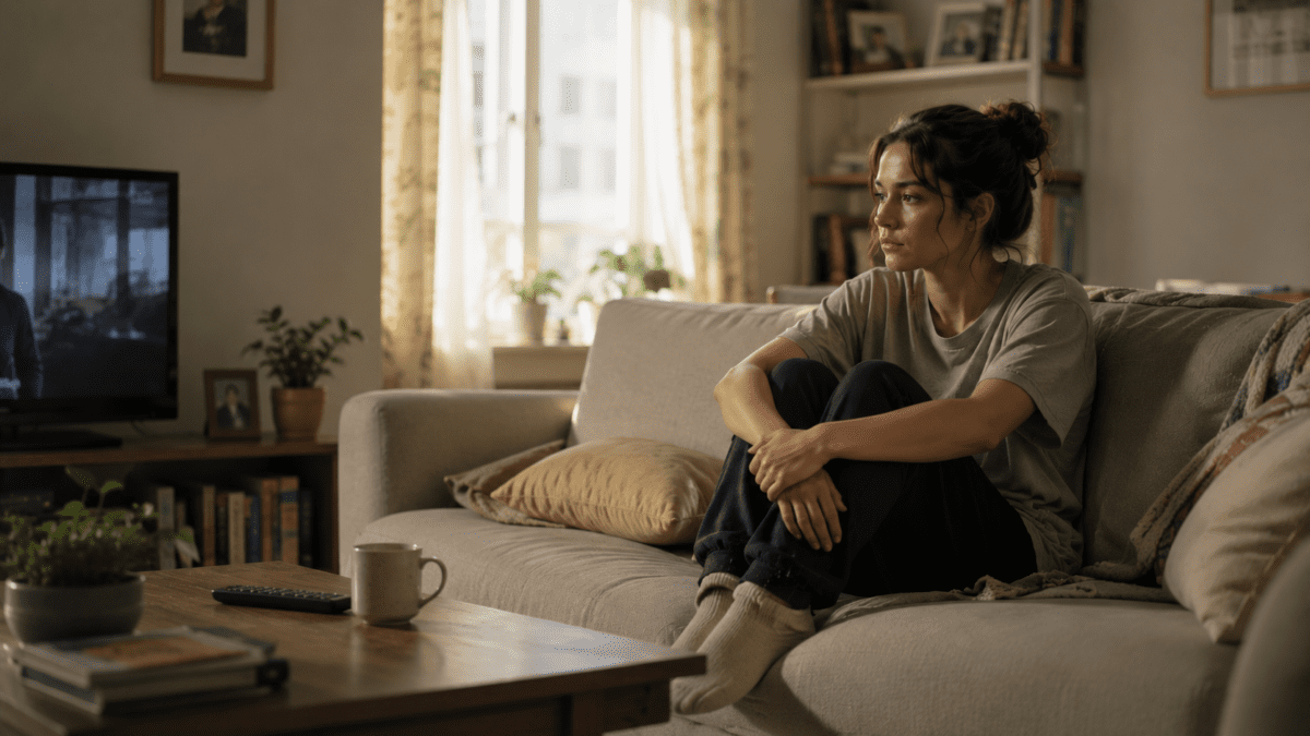 A young woman sitting alone in a quiet living room, lost in thought as the emotional weight of family silence fills the space around her.