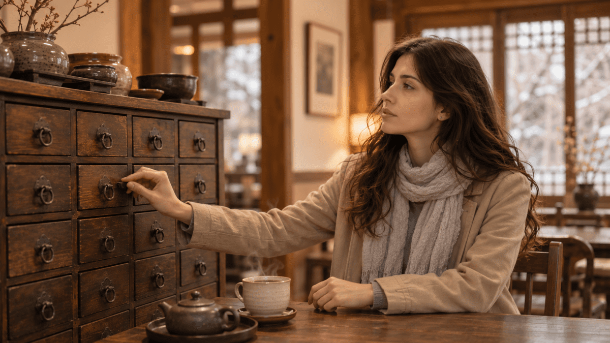 Woman reaching toward a locked wooden drawer chest beside tea, embodying the sealed storage in the frozen ground cycle meaning.