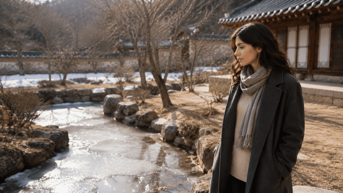 Woman in a coat watching a half-frozen stream beside a hanok in winter sunlight, marking the frozen ground cycle meaning's thaw.