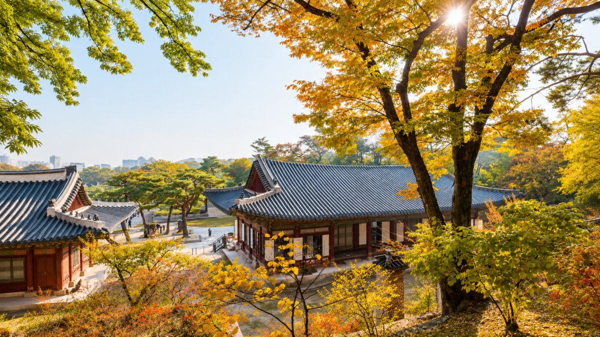 Autumn view of traditional Korean palace architecture connected to the cultural background behind Gangnam Style