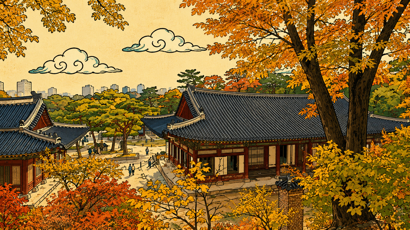 Illustrated autumn palace scene in Seoul representing the traditional Korean atmosphere behind Gangnam Style and Psy dance