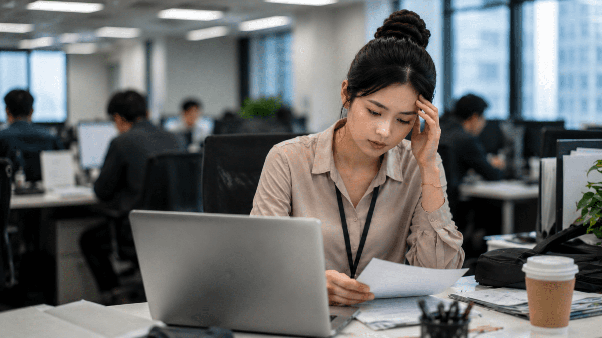 A stressed woman sits at her desk as gaslighting patterns quietly consume her focus, blurring reality around her.
