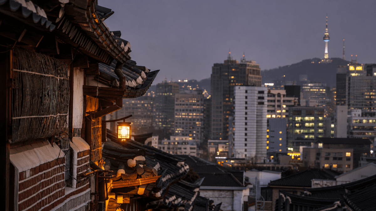 View from a traditional hanok rooftop overlooking a sprawling city at night, each distant light representing another goalpost shifting further away—visualizing how the nervous system pursues an infinite, ever-moving target.