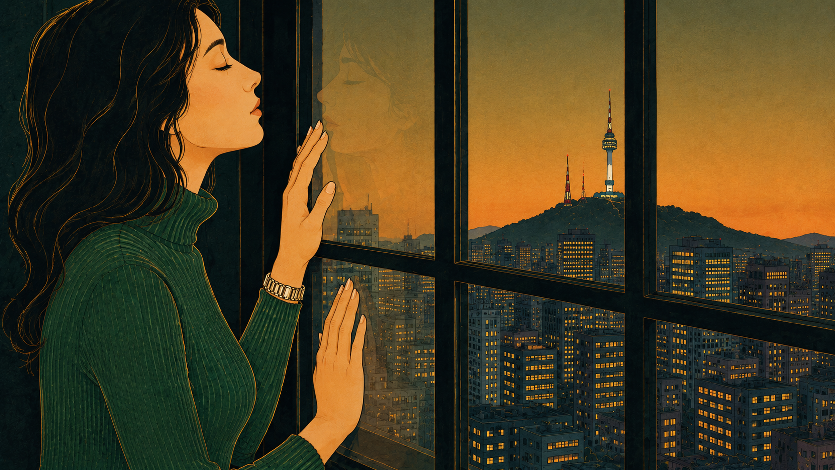 Korean folk art-style illustration of a woman gazing out at a sprawling cityscape at night, her reflection in the window suggesting the endless goalpost shifting—where every lit building represents another target that moves further away.