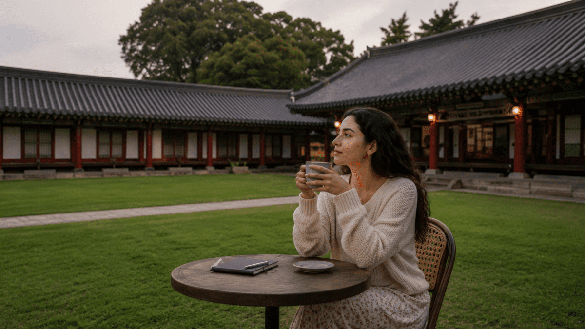 woman sitting alone in a traditional Korean hanok courtyard, reflecting quiet distance, observation, and the search for group belonging
