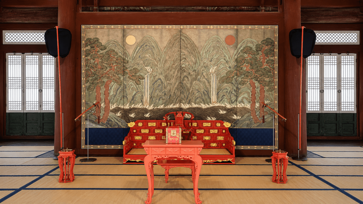traditional Korean palace throne room with Irworobongdo screen symbolizing group belonging, hierarchy, visibility, and social position within collective identity