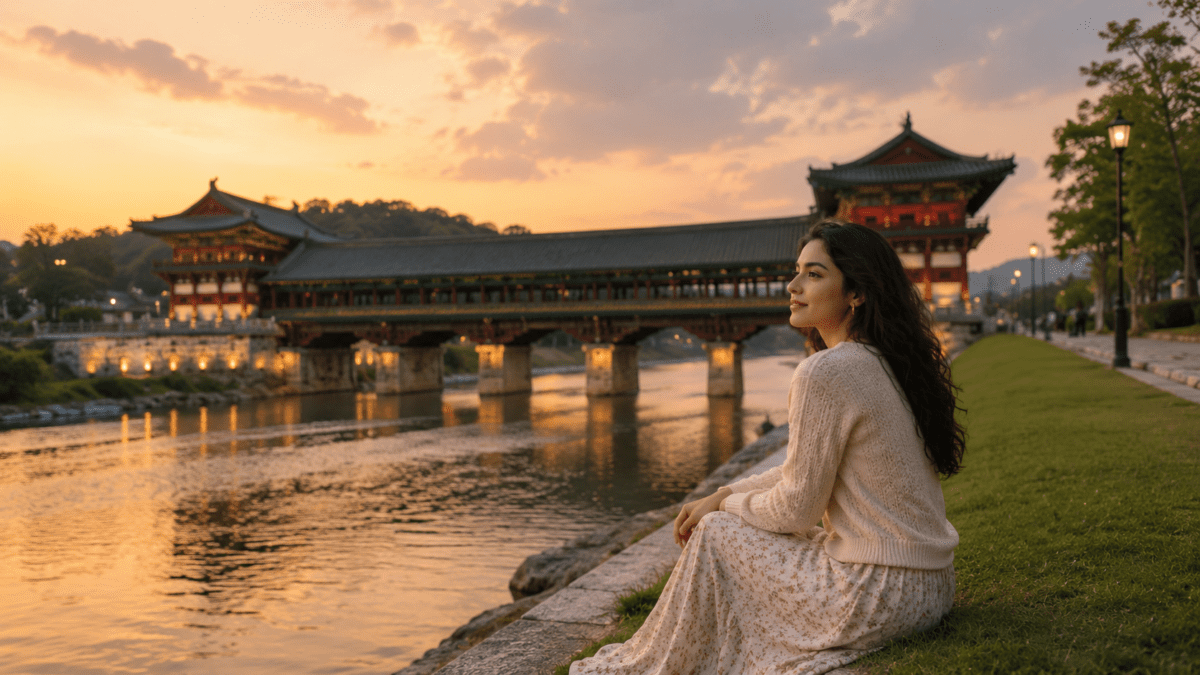 woman sitting alone beside a Korean riverside pavilion at sunset, reflecting emotional distance, quiet observation, and the longing for group belonging