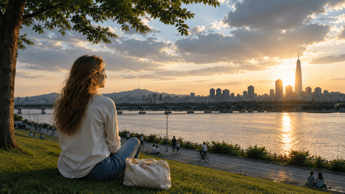 woman sitting alone by the Han River at sunset with the Seoul skyline and Lotte World Tower in the background, reflecting quiet observation and urban group dynamics