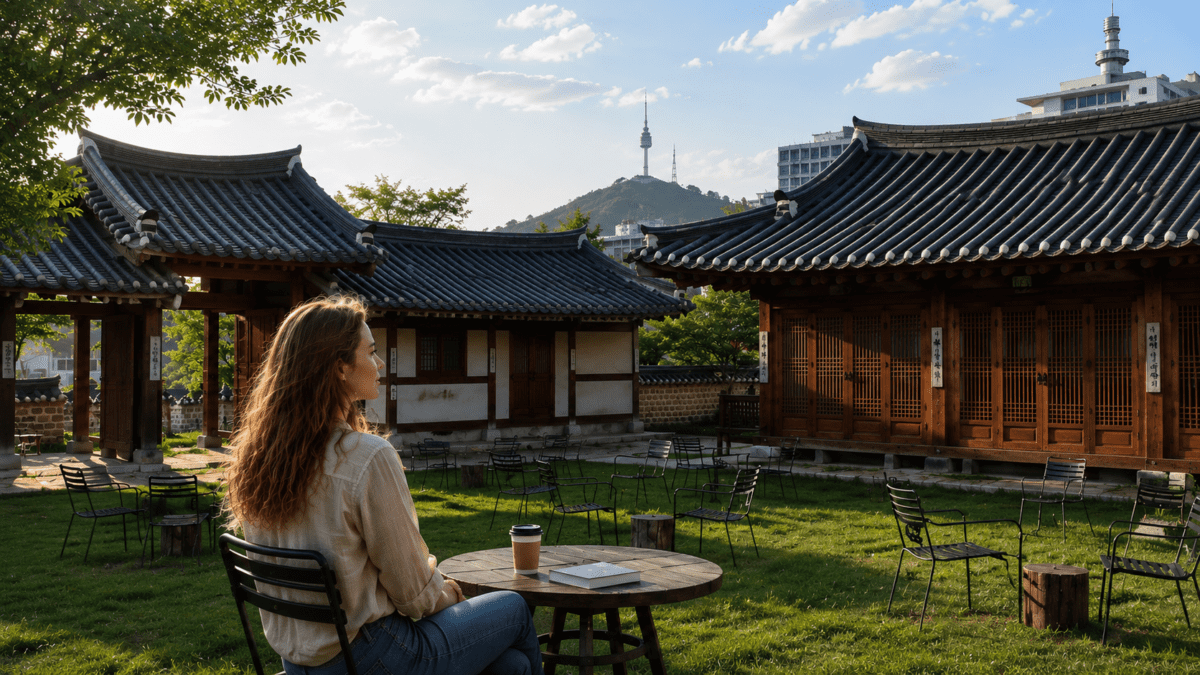 woman sitting alone in a traditional Korean hanok courtyard with Namsan Seoul Tower in the background, reflecting quiet observation and group dynamics in modern Seoul