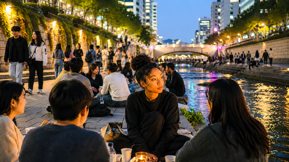 A woman experiencing group exhaustion sits quietly with friends beside Cheonggyecheon at night, surrounded by bright city lights and crowds.