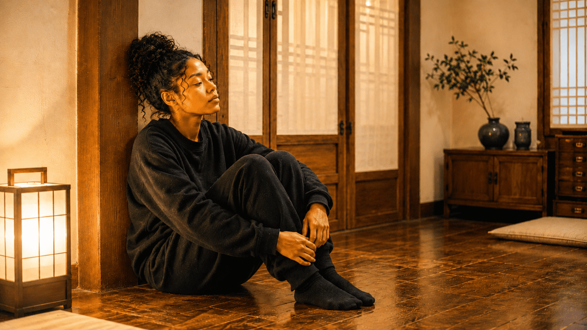 A woman experiencing group exhaustion sits alone in a warmly lit hanok room, resting quietly in a calm nighttime space.