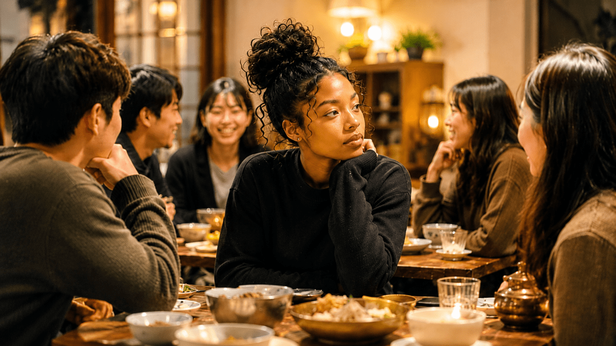 A woman experiencing group exhaustion sits quietly among friends at a warm dinner gathering despite the lively atmosphere.