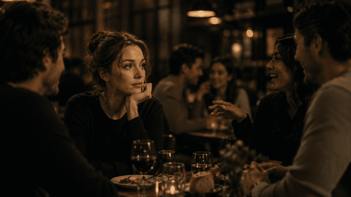 A woman pauses quietly during a group conversation, reflecting the hesitation mechanism behind social timing and self-monitoring.
